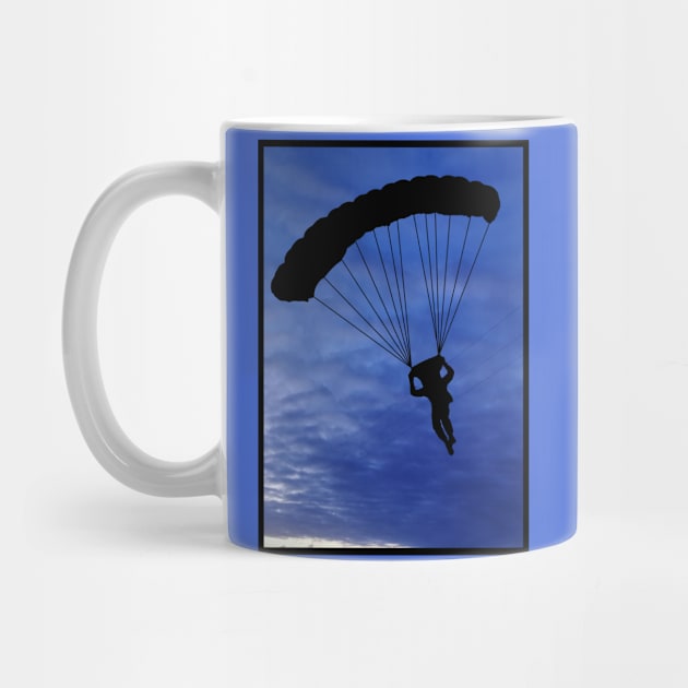 Parachuter Silhouette in Beautiful Blue Sky with a Black Border by Blue Butterfly Designs 